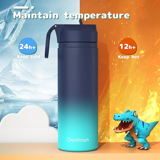 Kids Water Bottle, 2-Pack 20oz Water Bottles with Stickers and Straw, Stainless Steel Vacuum Insulated cup, Kids Water Bottle for School, Gifts for Boys and Girls(Blue/Purple)