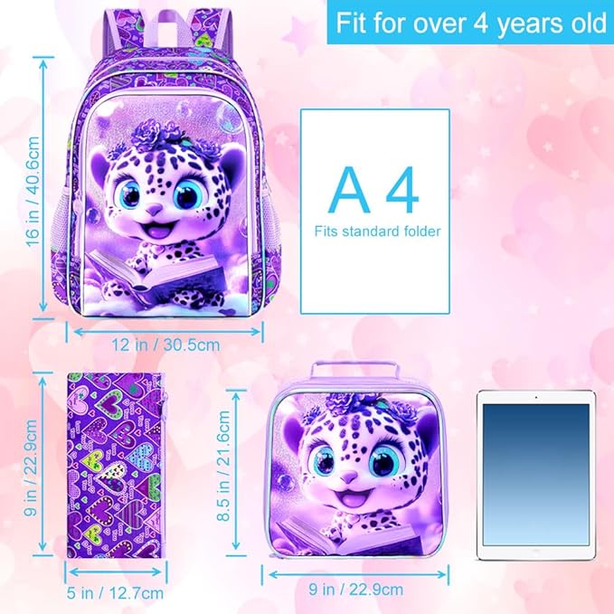 CCJPX 16" Leopard Backpack for Girls, 3Pcs Kids Bookbag with Lunch Box, Water Resistant Elementary School Bag for Kindergarten Preschool Toddler (Purple)