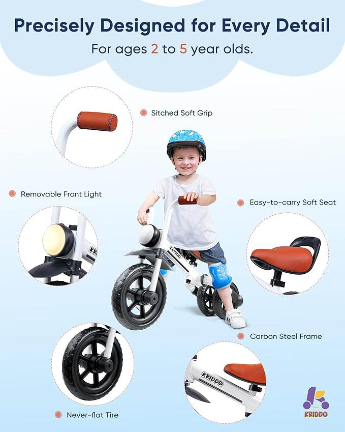 KRIDDO 2-in-1 Kids Balance Bike and Kids Tricycle for 2 to 5 Year Old, Toddler Balance Bike with Detachable Pedals, Tricycles for 3-5 Year Olds with Stitched Soft Grip, White