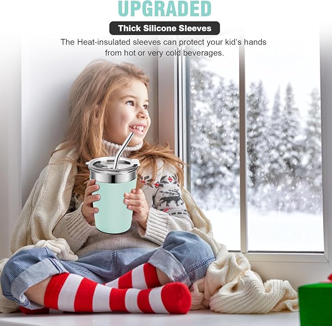 Ymmy Sam 2pcs Stainless Steel Cups with Lid and Straw,12oz Spill-proof Kids Tumblers, with Stainless Steel Straws Unbreakable Metal Cups with Heat-insulated Sleeves for Cold and Hot drinks