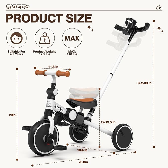 Ridego Toddler Tricycle with Push Handle for 3-5 Years Old Boys and Girls,5 in 1 Foldable Toddler Bike with Adjustable Seat, Kids Tricycle Ride-on Toys for Kids Birthday Gifts