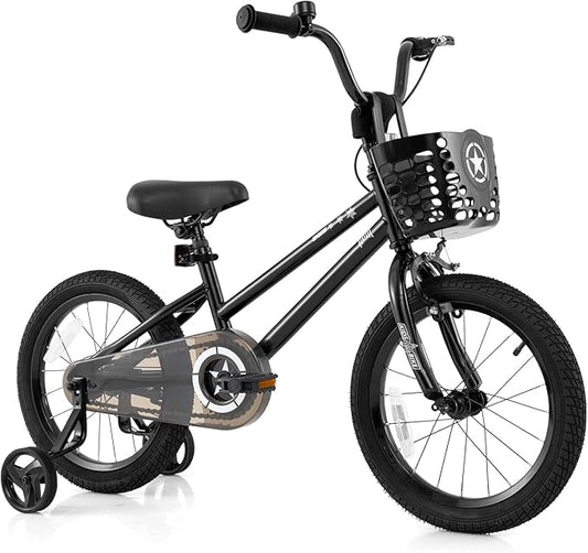 BABY JOY Starry Kids Bike, 12 14 16 18 Inch Bicycle with Training Wheels, Storage Basket, Adjustable Handlebar & Seat, Handbrake & Coaster Brake, Girls Boys Bike