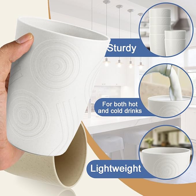 Wheat Straw Cups 16 OZ - Unbreakable Drinking Cup Set of 6 Plastic Cups Reusable Lightweight Glasses Drinking Cup Microwave & Dishwasher Safe Water Glasses Tumbler - White