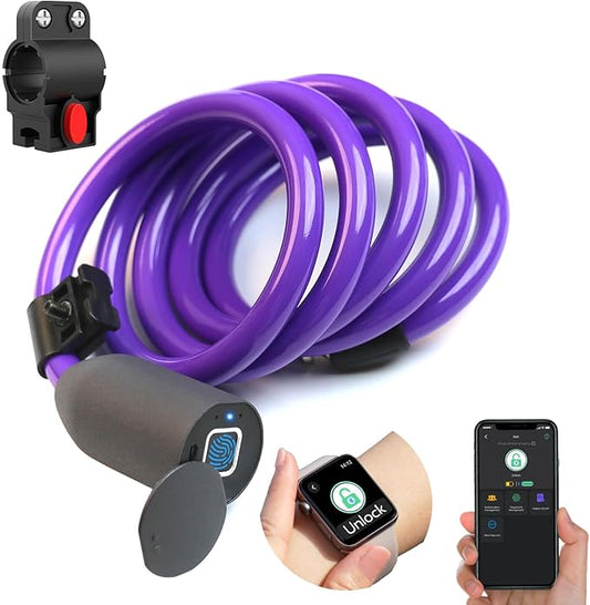 Fingerprint Cable Lock, Anweller 4.9FT Long Heavy Duty Anti Theft Bike Lock, Weatherproof Keyless Electronic Digital Biometric Bluetooth Smart Lock for Bicycle Scooter Lawnmower Skateboard - Purple