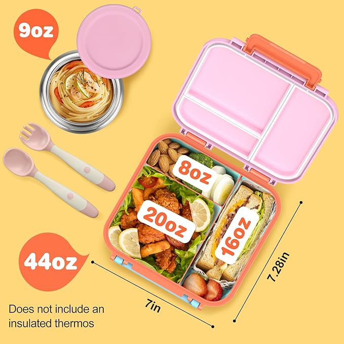 Bento Lunch Box for Kids with 9oz Thermo, Leak-proof Containers with 3 Compartments, Recommended Serving Sizes for Kids,Durable&Dishwasher Safe Lunch Box for School Outdoors-Orange