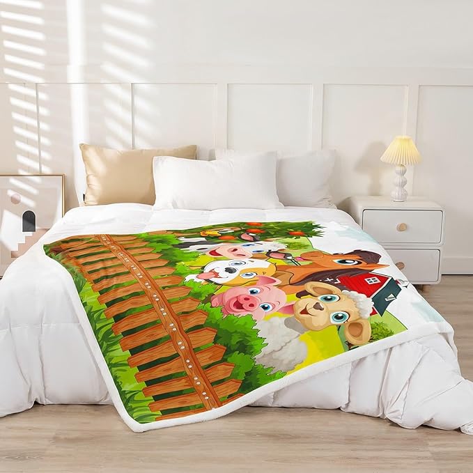 Kids Cartoon Fleece Throw Blanket Toddler Cute Farm Animals Sherpa Blanket Cattle Sheep Pigs Dogs Horses Plush Blanket for Boys Girls Farmhouse Soft Fuzzy Blanket for Sofa Bed Couch, Baby 30x40 Inch
