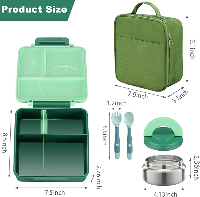 Bento Lunch Box Set for Kids with 8oz Soup Thermo, Leak-Proof Lunch Containers with 4 Compartment, Kids Thermo Hot Food Jar and Insulated Lunch Bag for Kid to School-Green