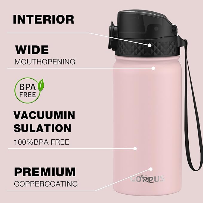 Kids Water Bottle, GOPPUS 14 Oz Stainless Steel Travel Bottle, Double Wall Vacuum Leak Proof Kids Cup for School Boys Girls,Pink
