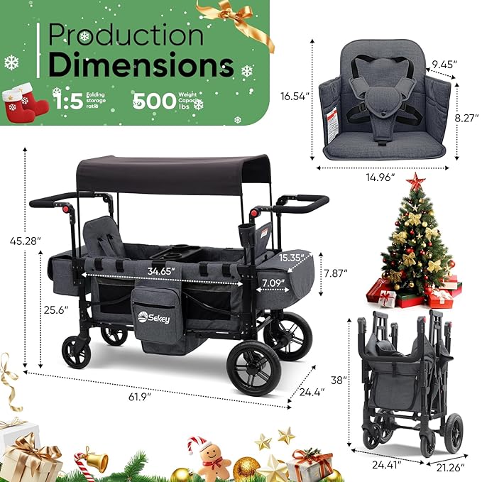 Sekey Wagon Stroller for 2 Kids, Luxury 4-in-1 Stroller Wagon - Premium Quality with Convertible Seats, Adjustable Push Handles, Removable Canopy, Snack Tray & Cooler, US Certified