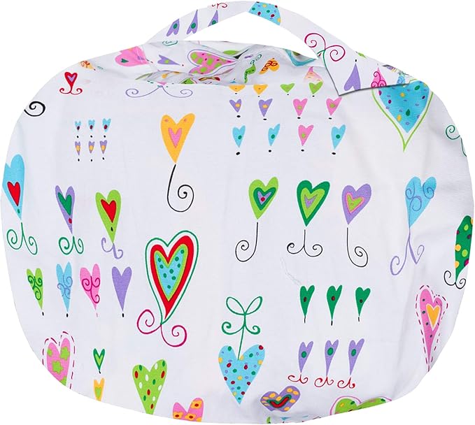 Posh Stuffable Kids Stuffed Animal Storage Bean Bag Chair Cover - Childrens Toy Organizer, Large-38 - Canvas Multi-Colored Hearts on White