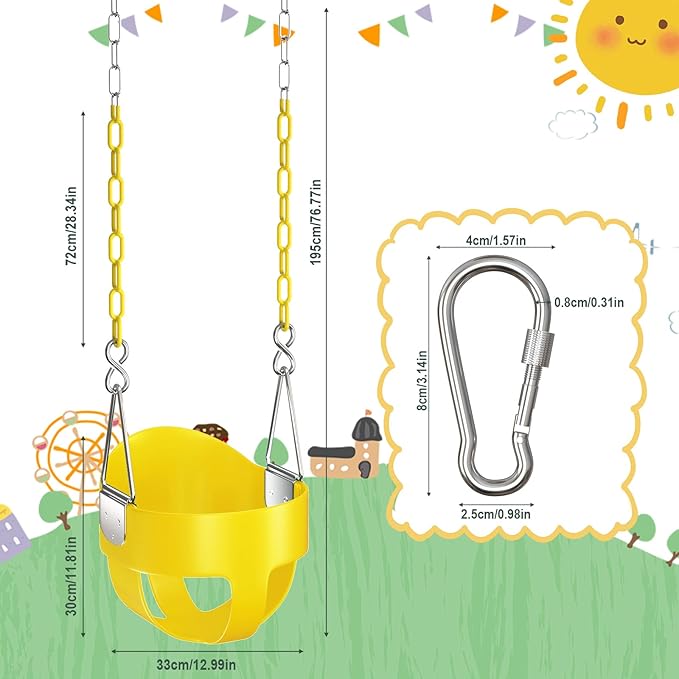 AGPTEK High Back Full Bucket Toddler Swing Seat Infant Swing with Yellow Coated Swing Chains and Carabiners Baby Swing Outdoor for Easy Install(Yellow)