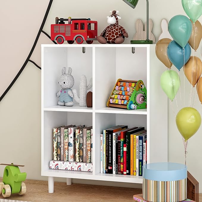 4 Cube Storage Organizer |Cubby Shelf | Small Book case |Small White Bookshelf| -Cubic Storage Cabinet（Storing Books,Toys & More Easy to Install）