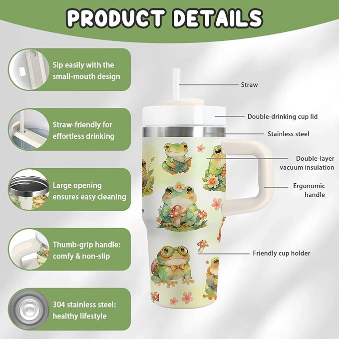 Frog Gifts for Kids - 14 Oz Cute Boys Girls Tumbler with Handle and Straw, Stainless Steel Insulated Tumbler, Sweatproof, for Sports, School, Travel - Frog Lovers Children Birthday Gifts Cups(1pc)