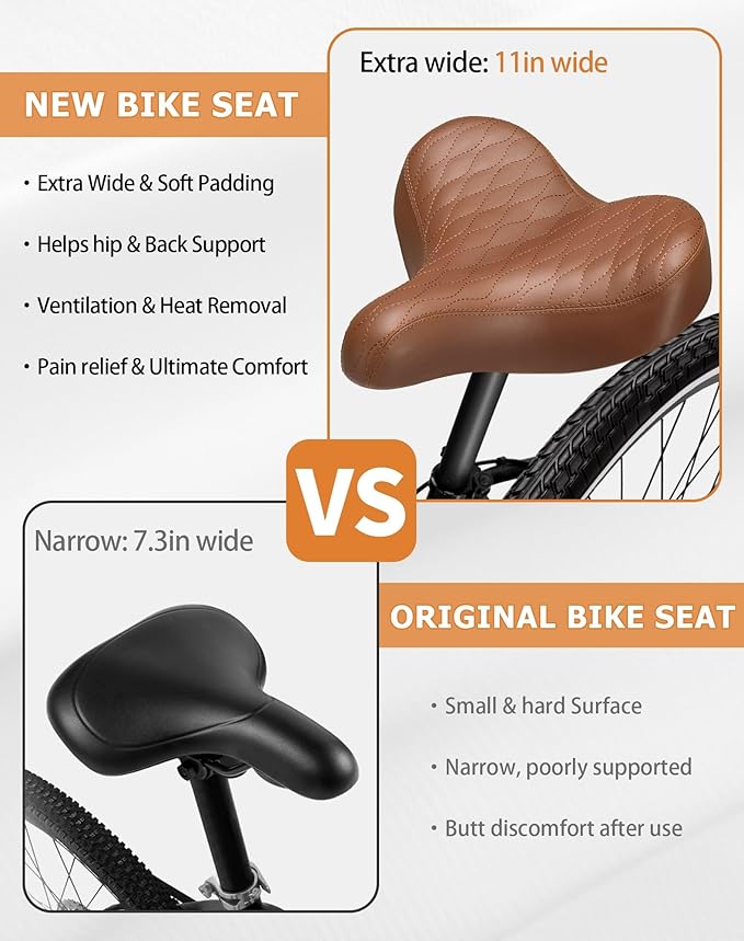 Wide Bicycle Seats for Comfort Men & Women, Oversized & Extra Soft Padded Bike Seat Cushion, Comfortable Large Bike Saddle for Ebike, Mountain Bike, Beach Cruiser, Stationary Exercise Bike