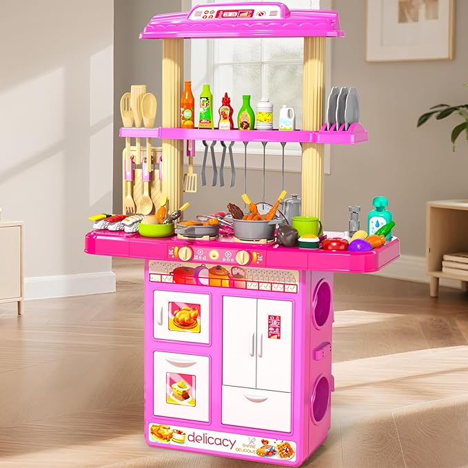 Pretend Play Kitchen Toys for Kid Ages 2-6 4-8, 2 Sided Kitchen Toys with Light, Sound and Spraying, Sink Toy Accessories, Cooking Stoves, Food Toys for Toddlers 1-3 3-5 Boys Girls 6-12 (Pink)