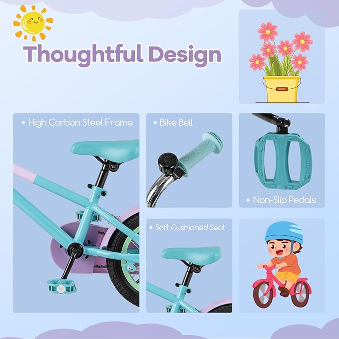 BABY JOY Colorful Macarons Kids Bike, 12 14 16 18 Inch Sporty Children's Bicycle with Training Wheels, Adjustable Handlebar & Saddle, Handbrake & Coaster Brake, Boys Girls Bike for 3-8 Years Old