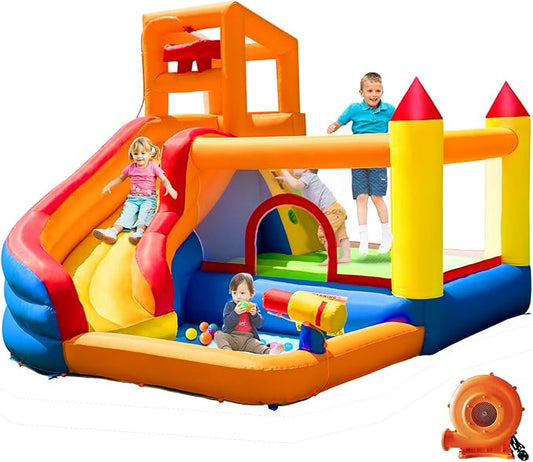 HuaKastro Inflatable Bounce House Water Slide – Backyard Water Park for Kids with Slide, Pool (Ball Pit), and Bucket Dump for Outdoor/Indoor Play, Perfect for Summer Fun (Blower Included)