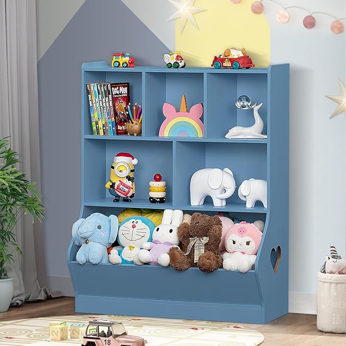 Lerliuo Kids Storage Organizer, 3 Tier Children Bookcase and Bookshelf, Toddler 6 Cubby Cabinet, Wood Book Shelf for Playroom, Bedroom, Living Room, Nursery, School 39.17'' H(Blue)