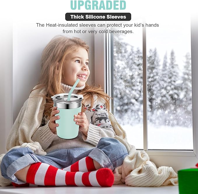 Ymmy Sam 2pcs Stainless Steel Cups with Silicone Straws, 12oz Spill-proof Tumblers Dishwasher Safe Unbreakable Metal Cups with Heat-insulated Sleeves for Cold and Hot Drinks