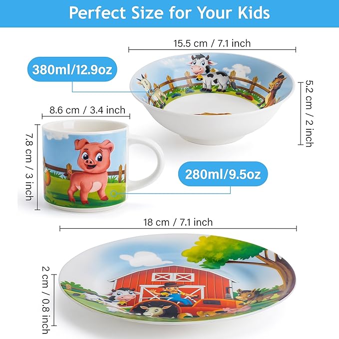 MIAMIO – Set of 3 Kids Dinnerware Set/Porcelain Children Dishes, Kids Dish Set, Children’s Tableware Set - Includes Plate, Bowl and Cup – For Kids and Toddler (Farm)