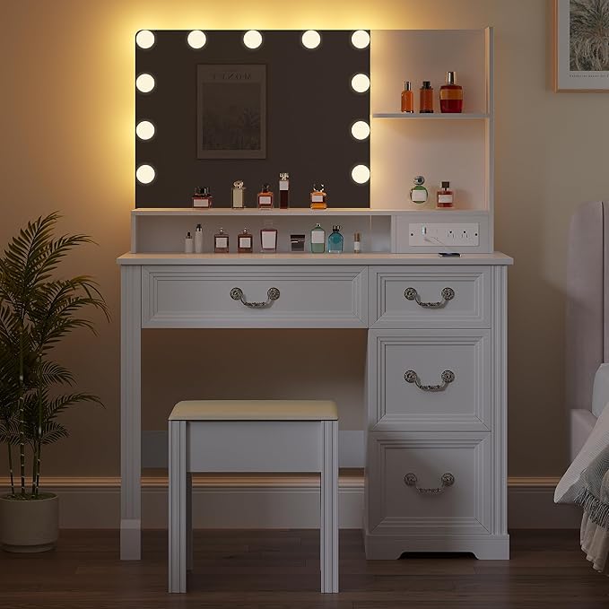 Vanity Desk with Mirror Light and Power Outlet, 39 inch Farmhouse Makeup Table Set with Stool, 3 Color Adjustable Lights Bedroom Dressing Table with 4 Drawer for Women Girls Teens, White