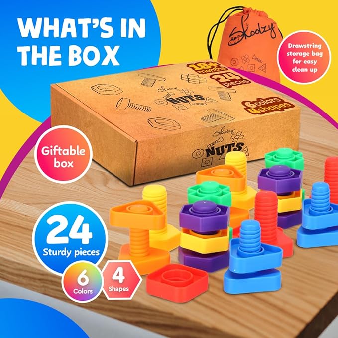 Skoolzy 24-Piece Nuts and Bolts - Montessori Motor Skill Set for 18 Month+ Kids with eBook