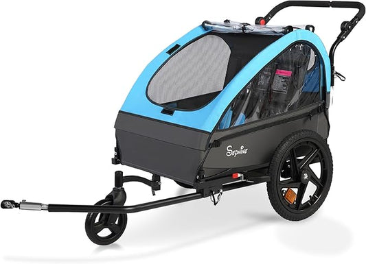 Sepnine Kids Bike Trailer, 2 in1 Canopy Carrier Converts to Stroller Suitable for 1 to 2 Kids, 12+ Months, Quick Attach to Bike, Foldable, with 5-Point Harness and Storage Bags