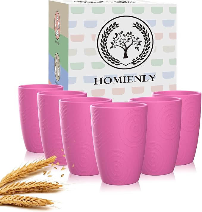 Homienly Wheat Straw Cups 6 PCS Alternative Plastic Cups Reusable Pink Cups Unbreakable Drinking Cup Dishwasher Safe Drinking Glasses Cups for Kitchen, Kids (Pink,12 OZ)