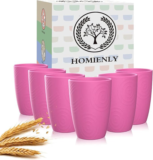 Homienly Wheat Straw Cups 6 PCS Alternative Plastic Cups Reusable Pink Cups Unbreakable Drinking Cup Dishwasher Safe Drinking Glasses Cups for Kitchen, Kids (Pink,12 OZ)