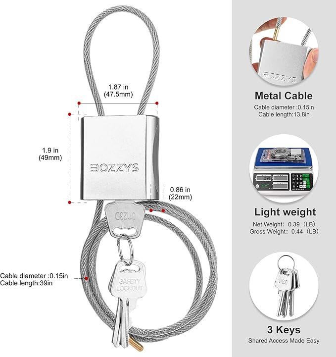 Adjustable Cable Locks with 3 Keys | L 3.28ft x D 1/6in Aluminum Steel Cable Padlock for Bikes, Gate, Lockers & Outdoor Gear | Keyed Different & Silver
