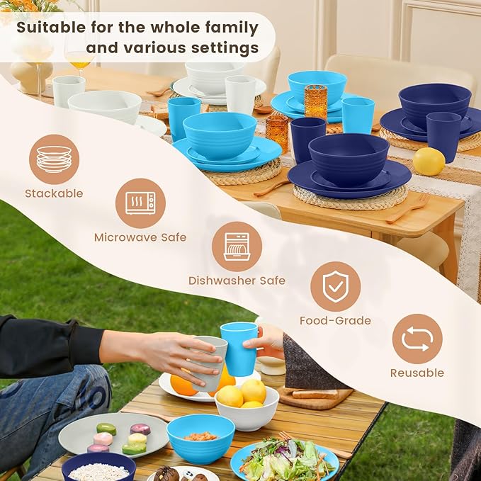 Homienly 24 PCS Wheat Straw Dinnerware Set for 6, Dinner Plates,Dessert Plates,Cereal Bowls,Drinking Cups,Unbreakable Dishwasher and Microwave Safe Dish Sets for Kitchen,Outdoor - Island Series