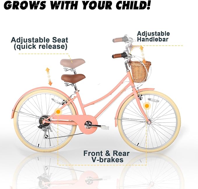 Glerc 20 24 26 Inch Beach Cruiser Bike, 6-Speed Hybrid City Bicycle for Girls Youth and Over 6 Years Old, Missy Bike with Wicker Basket & Lightweight, Multiple Colors