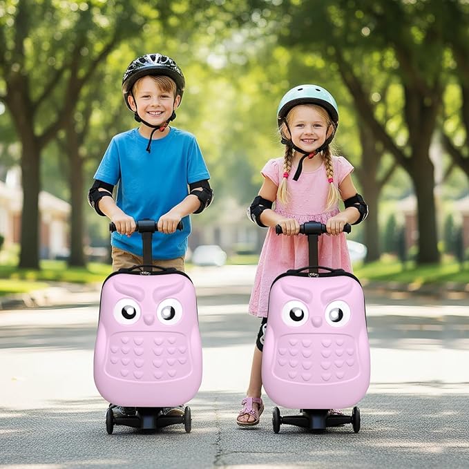 smilesun 4-in-1 Detachable Scooter Suitcase for Kids & Teens, 3D Owl/Dolphin Hardside Ride-On Luggage, Lightweight Foldable Design, Unique Travel Gift for Children(Pink Owl 22-inch)