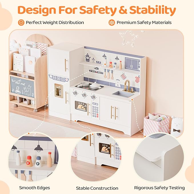 JOYMOR Kids Wooden Play Kitchen Sets, New Modern Children's Wooden Toy Kitchen w/Refrigerators & Ample Play Kitchen Accessories, Ideal Pretend Playset Gift for Toddlers