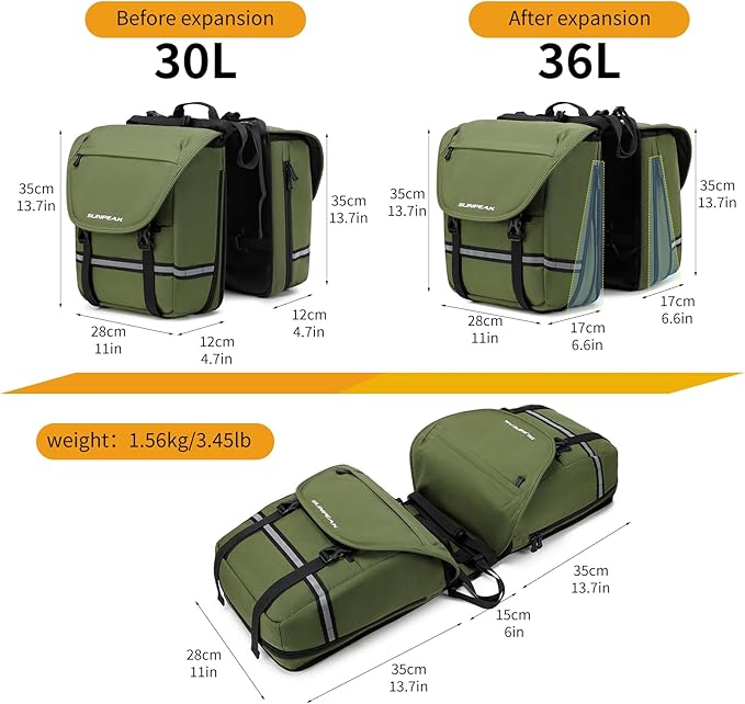 Bike Bag Accessories Panniers for Bicycle Rear Rack Bag 36L Waterproof Mountain Electric Bike Saddle Bag for Cycling Traveling Commuting Green