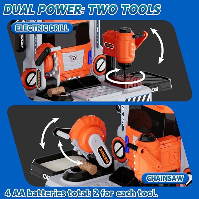 Kids Tool Bench Set with Electric Drill & Work Clothes, 68 PCS Realistic Toddler Tool Set for Ages 3-5, STEM Workbench Toy for Boys Girls, Pretend Play Construction Kit, Birthday Gift