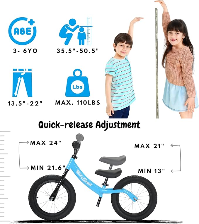 14 Inch Balance Bike for Kids 3-6 Year Old, Bike with No Pedals, Air Rubber Tires, Adjustable Height, Foot Rest, Pedalless Bicycle Boys, Girls (Black)