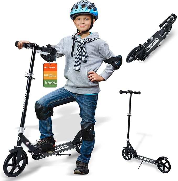 Kick Scooter for Kids Ages 6+, Teens & Adults, Adjustable Handlebars, Rear Brake, Big Wheel Foldable Scooter for Indoor & Outdoor