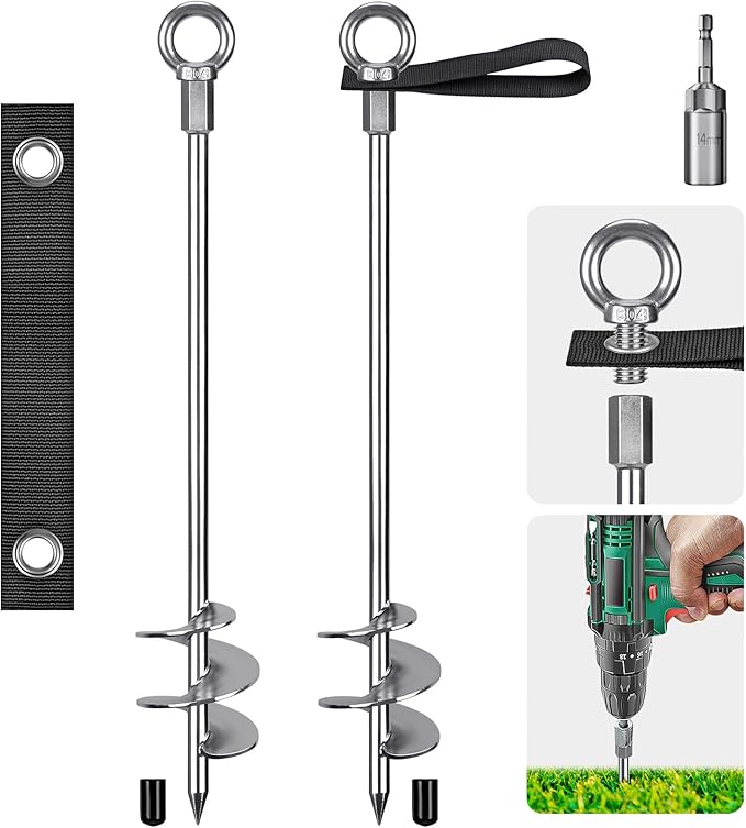 Fully Welded Ground Trampoline Anchors, 30'' Spiral Mobile Home Anchors, 2pcs Earth Anchor Heavy Duty Shed Anchor Kit with Straps for Securing Swing Sets, Animals, Trees, Tents, Shed, Carport