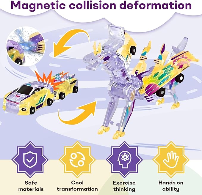 2-in-1 Transforming Race Car Dinosaur Toy DinoDrive– Automatic Transforming Car into Dinosaur, Educational Toys for Boys & Girls, Crash Action & Lights, for Kids(Luminous)