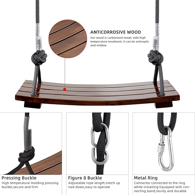 PELLOR Wooden Swing Seat, Carbonized Hanging Wood Tree Swing 17.7 x 7.9 x 0.5 in for Adult Kids Children Anticorrosive & 100% Waterproof 440lbs Load Indoor Outdoor Backyard Play
