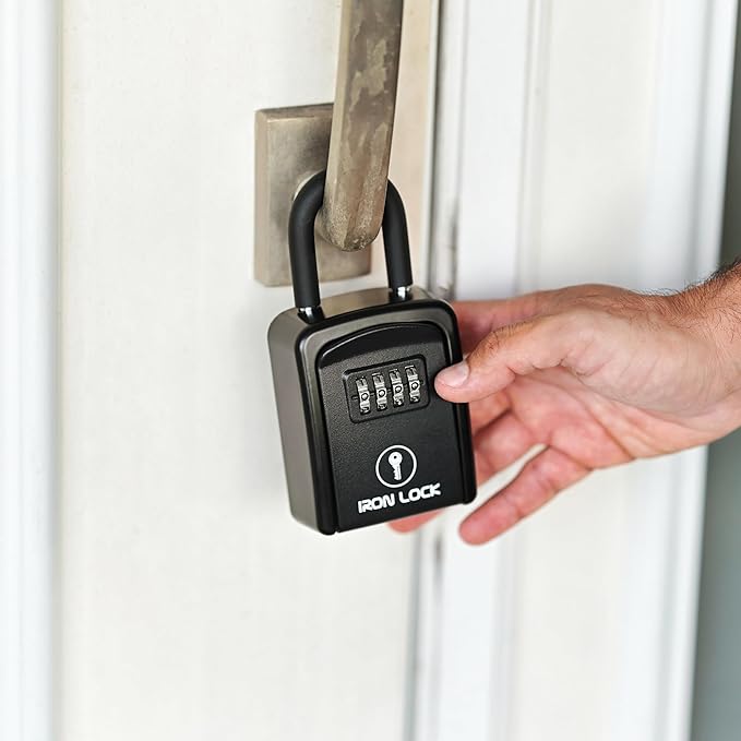 Iron Lock® Portable Key Lock Box with Removable U-Shackle Indoor Outdoor Waterproof 4 Digit Combination Resettable Code with A B Switch Key Lockbox for Outside Spare Keys for Realtors (Small, Black)
