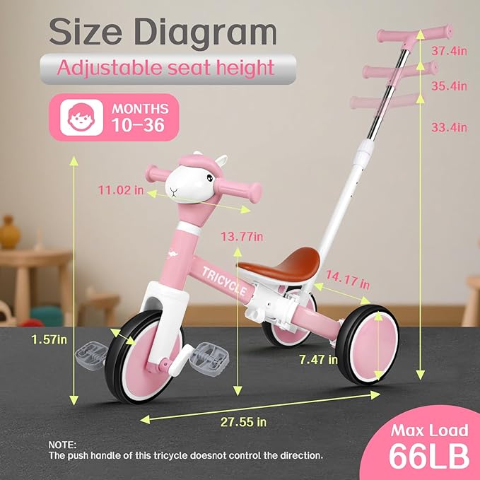 Tricycle for Toddlers 1-3 Year Olds, 5 in 1 Toddler Balance Bike 2-4 Years Old Boys Girls, Push Trike Toys with Adjustable Handle, Birthday Gifts for 2 3 4 5 Year Old Kids Bike (Pink)