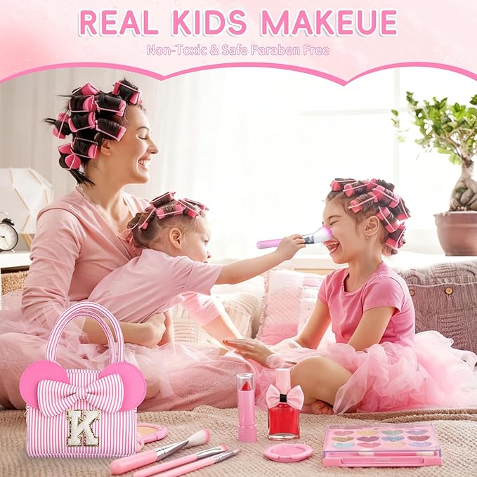 Kids Non Toxic Makeup Sets for Girls Age 3 4 5 6 7 8 9 10 Year Old, Birthday Christmas Valentines Gifts for Girls, Personalized Purse with Toddler Play Pretend Make Up Kit - S