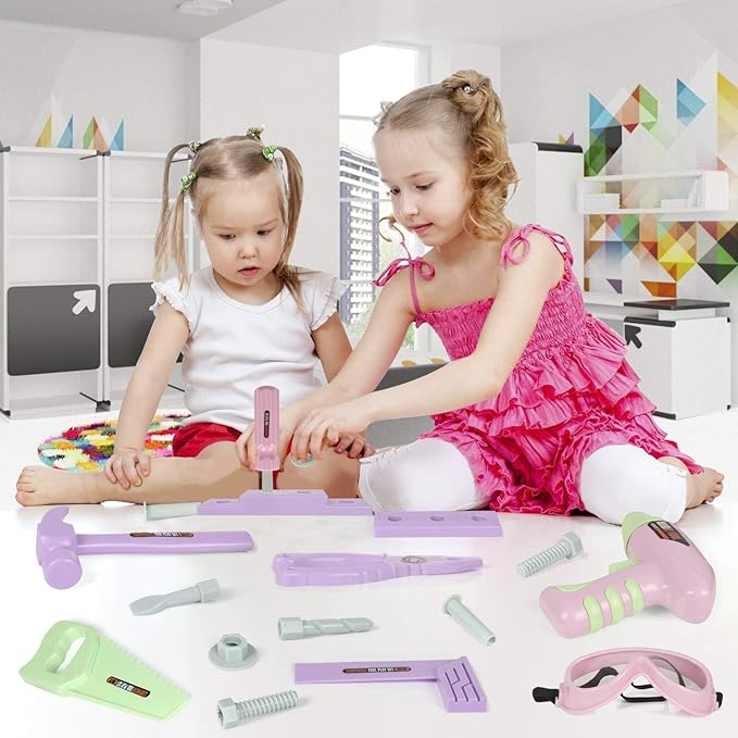 Pink Kids Tool Set (18 PCS) Pretend Play Construction Kit with Tool Box & Manual Drill