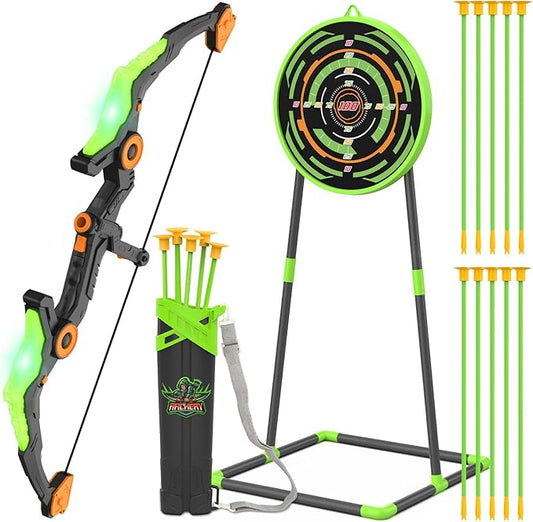 Kids Bow and Arrow Set with LED Flash Lights, 10 Suction Cup Arrows, Quiver and Fluorescence Standing Target-Perfect Indoor and Outdoor Archery Set Toy Gift for Boys and Girls Ages 4-12