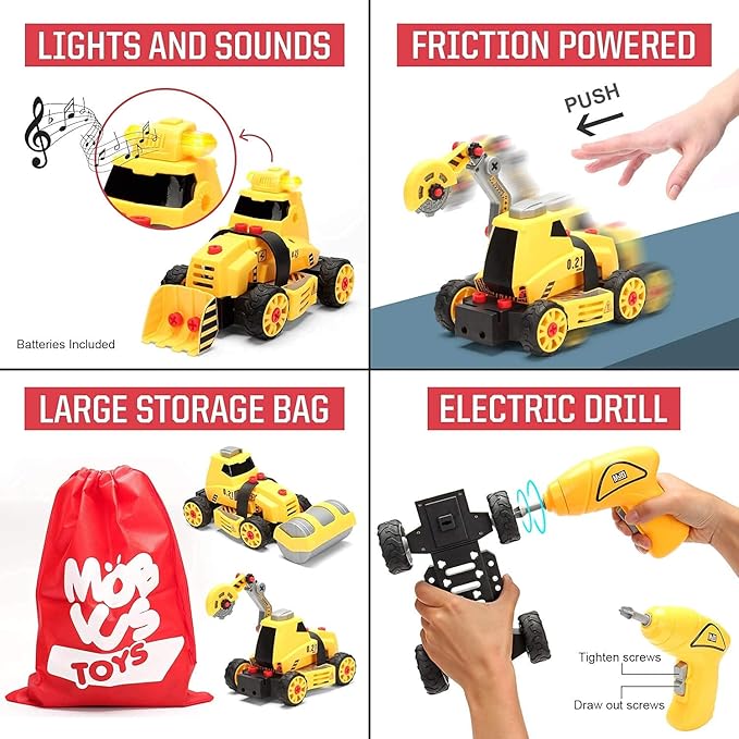 MOBIUS Toys 7-in-1 Take-Apart Truck Construction Set – STEM Building Toy w/Drill, Lights & Sounds – Buildable Dump Truck, Excavator & More - Educational Engineering Toy for Kids Ages 3–8
