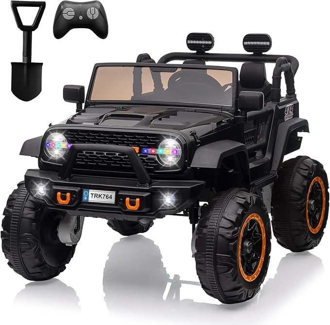 2 Seats 24V Kids Ride on Truck with Remote Control, Battery Powered Electric Ride Car Toy for 3-8 Years, 4 Motors,20" Seat Width for 2 Seaters, LED Light,Music,High/Low Speeds,Shovel, USB (Black)