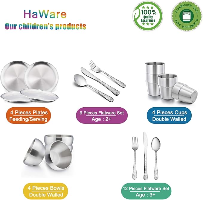 HaWare Toddlers Kids 18/8 Stainless Steel Plates, Durable Metal 304 Feeding 8in Dishes for Serving/Snack/Camping, No Plastic and Dishwasher Safe - 4 Pack