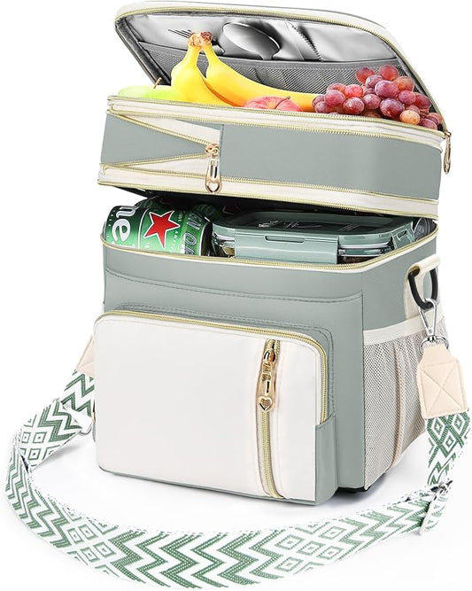 LOKASS Lunch Box & Lunch Bag for Women Men Double Deck,Large Insulated Adult Lunch Box Leakproof Lunchbox Cooler Bag for Work Picnic Beach,（Olive Green16L）